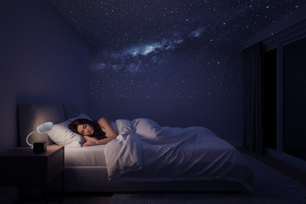 Chambre femme qui dort avec projecteur