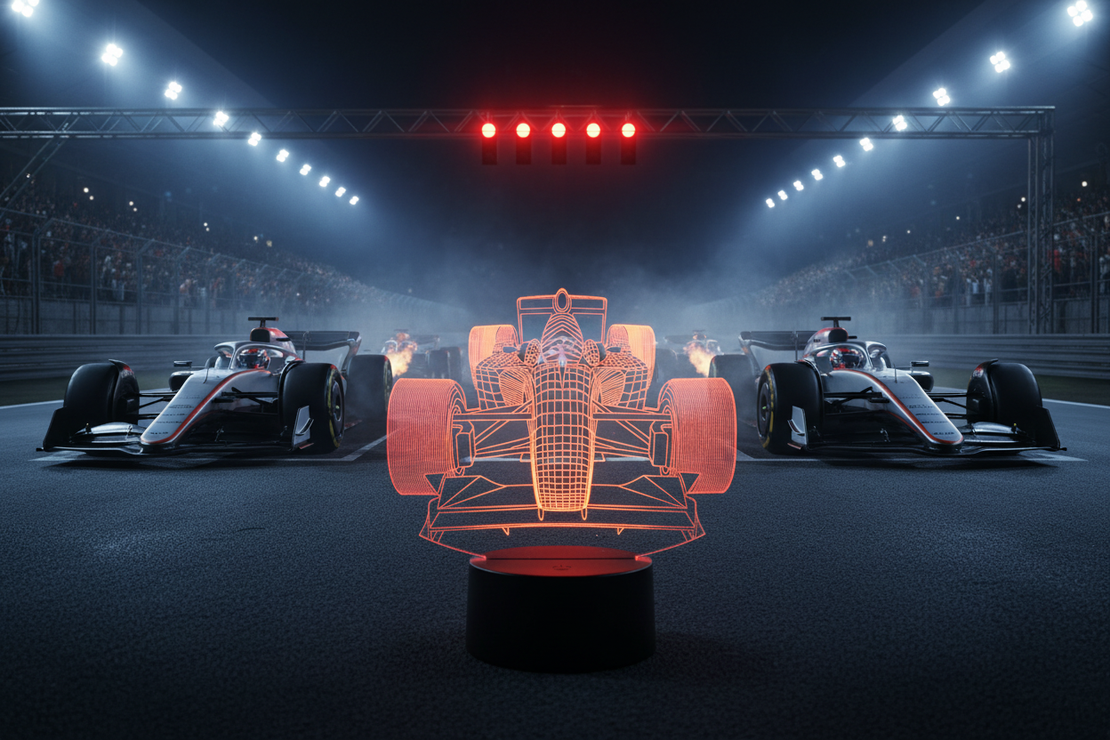 Lampe LED 3D Formule 1 sur grille de départ avec F1 derrière