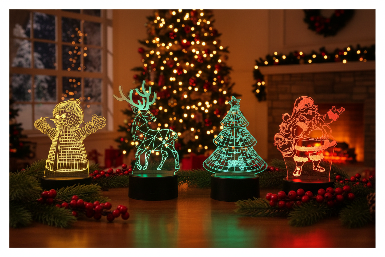 Les 4 lampes LED 3D Noël réunies dans un décor festif cosy