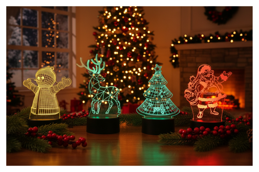 Les 4 lampes LED 3D Noël réunies dans un décor festif cosy