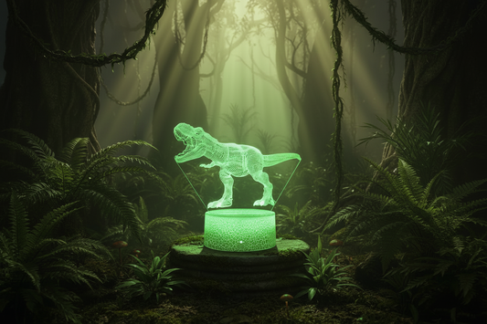 Lampe LED 3D T-Rex lumière verte dans une jungle préhistorique